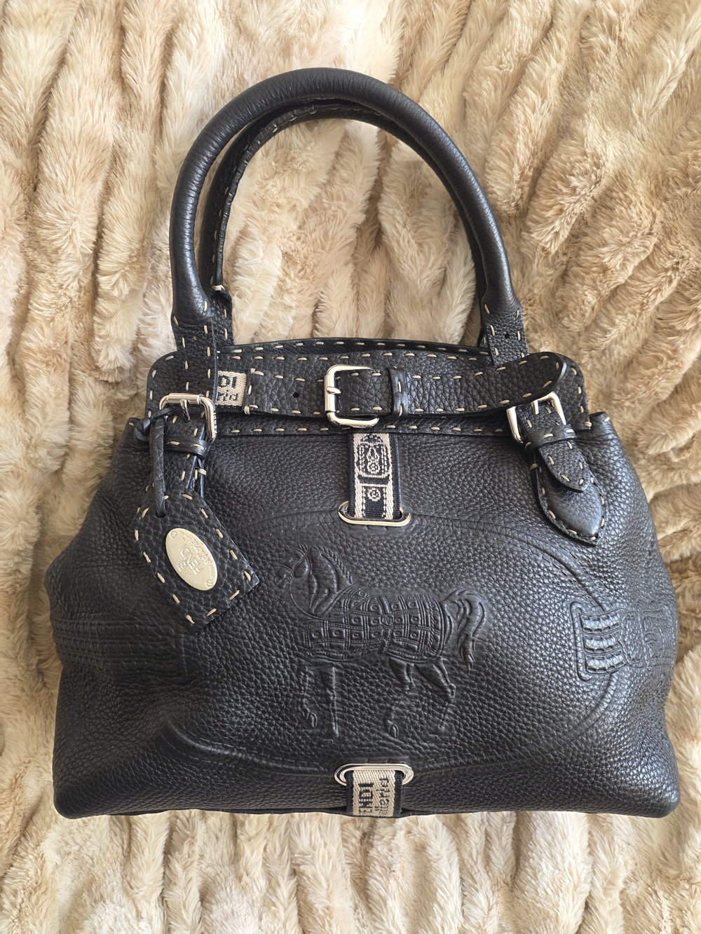 Fendi Selleria Borghese Black Leather Embossed Horse Satchel with Top Handles